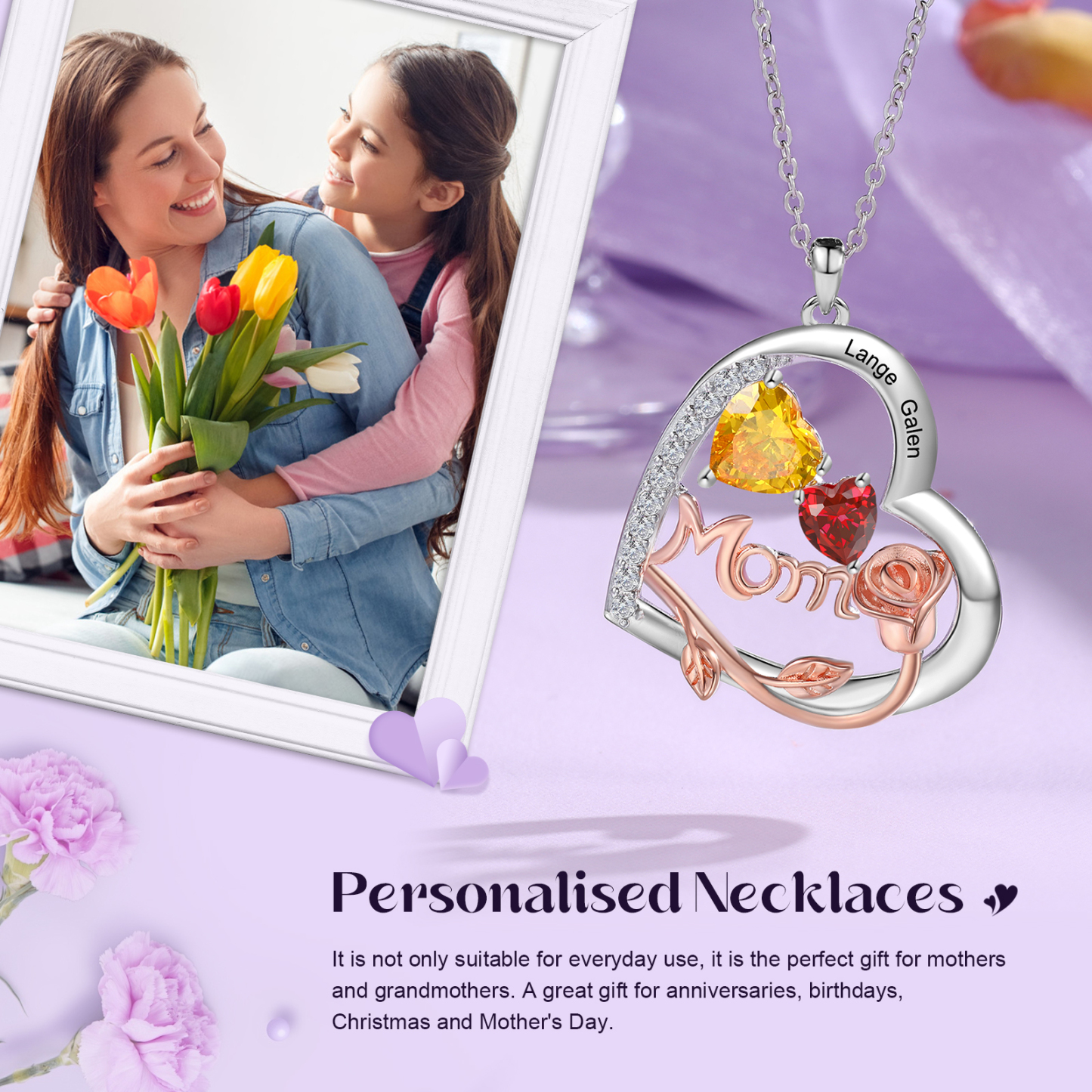 Personalisierte 2 Namen Herz Rose Gravur "MOM" Halskette mit 2 Geburtssteinen
