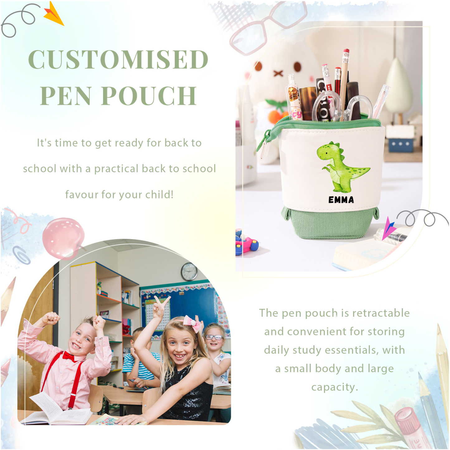 Schulanfang Geschenkset-Personalisierter Name & Datum Dino Emaille Tasse & Personalisierter Name Stifteetui & Diono Armband Set - Geschenk für Schulkind mit Geschenk Box
