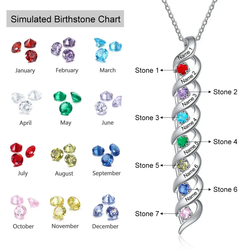 Personalisierter 8 Namen & 8 Geburtssteinen Silbernes Herz-Anhänger-Armband & Herz Halskette Geschenkbox-Set