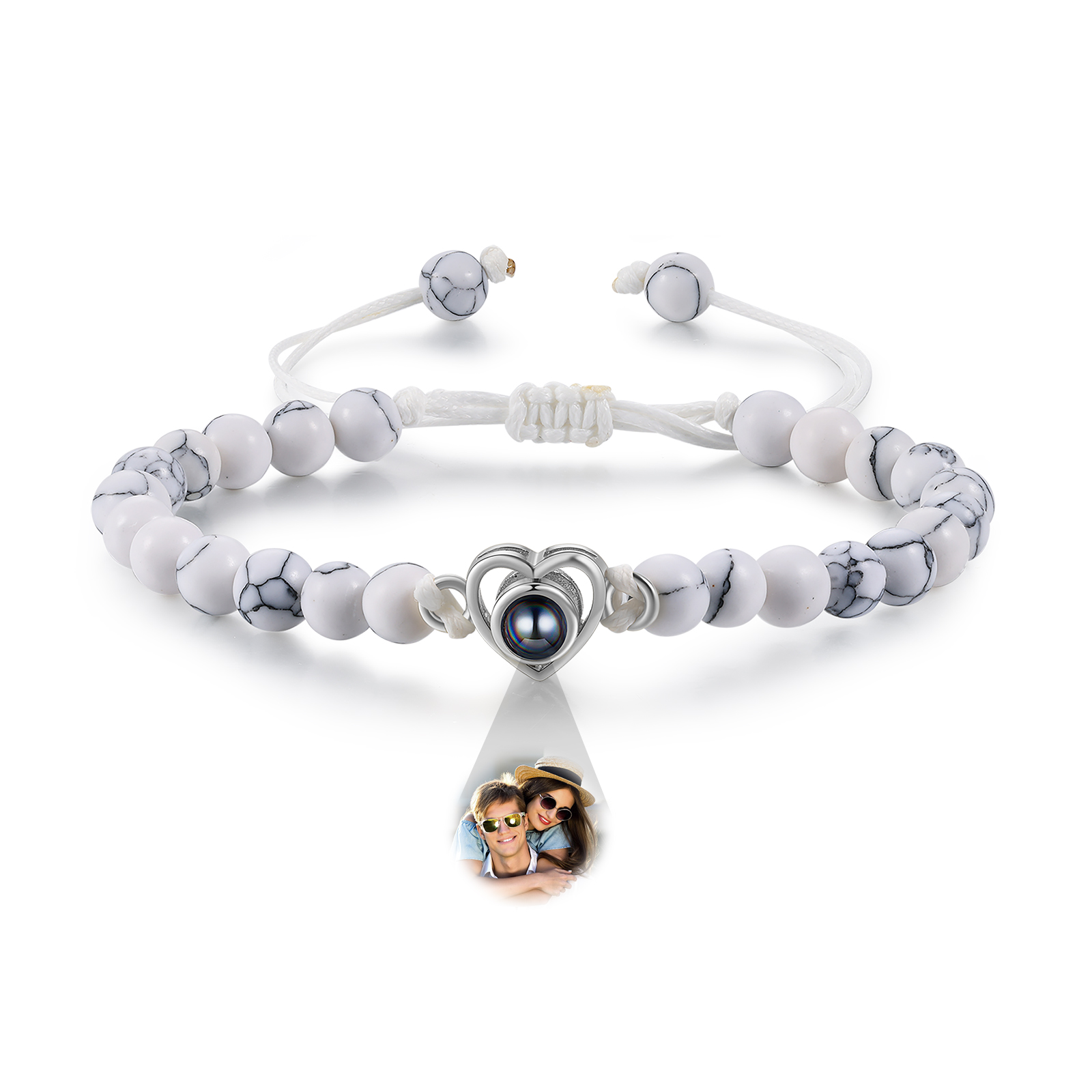 Personalisiertes Foto Herz Projektion Handseil Armband mit Weiß Perle