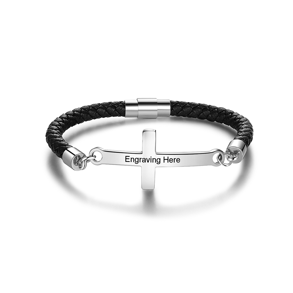 Kommunion Herren Lederarmband mit Kreuz personalisierter Armband mit Grauvr