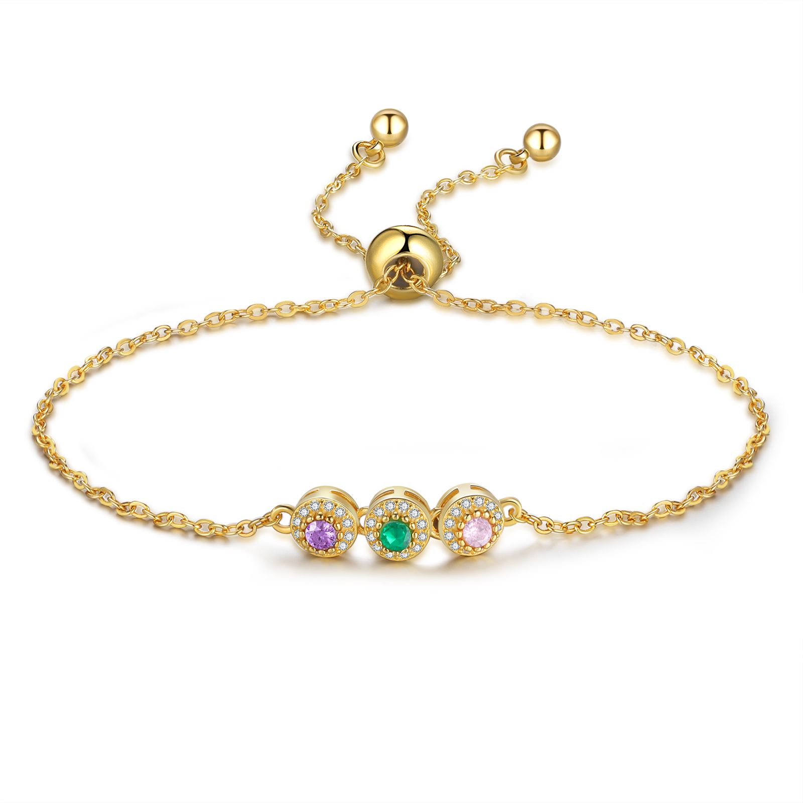 Personalisierte 3 Geburtssteine Rund Armband mit Zirkonia