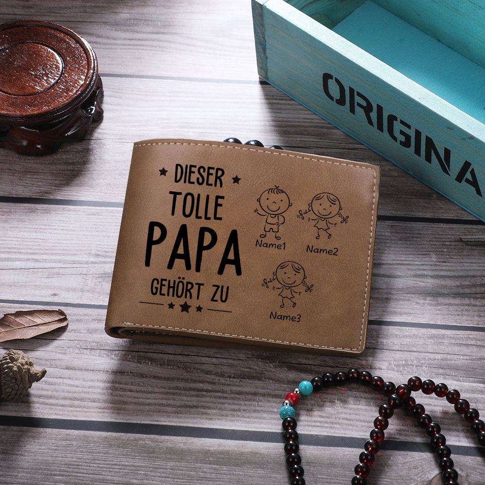 Personalisierte 3 Namen & Foto-Dieser tolle Papa gehört PU Leder Kurze Geldbörse für Vater