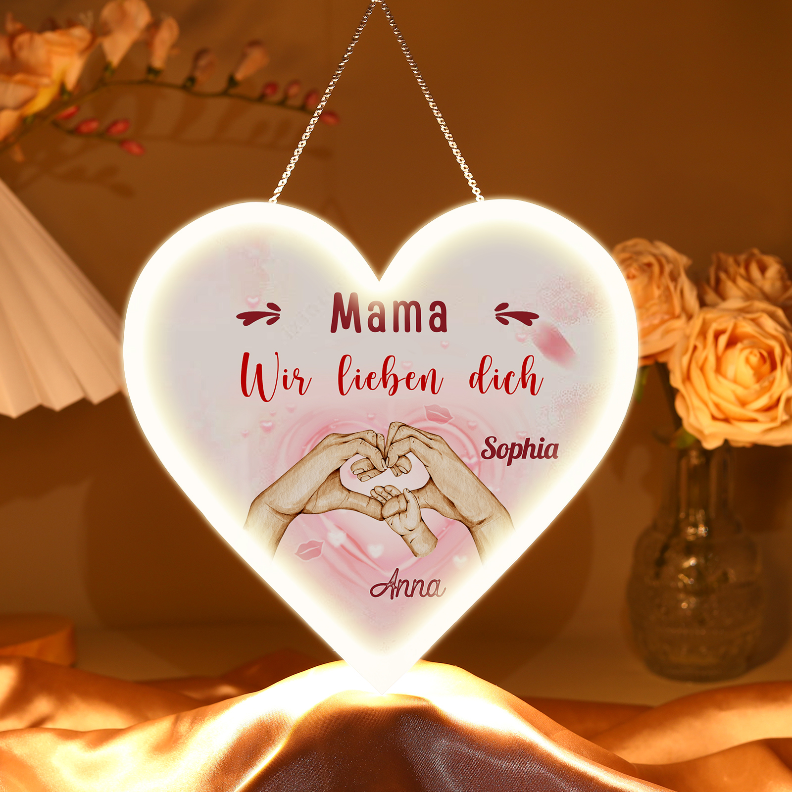 Personalisierte 2 Namen & 2 Texte Familie Hand in Hand Herz Ornament Licht Acryl Hängender Wandlampe Geschenk für Mutter