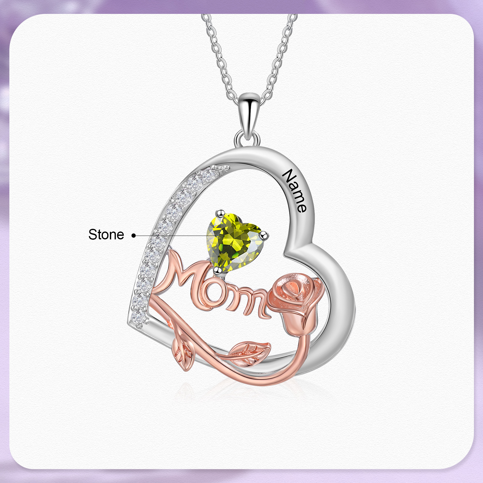 Personalisierter 1 Name Herz Rose Gravur "MOM" Halskette mit 1 Geburtsstein