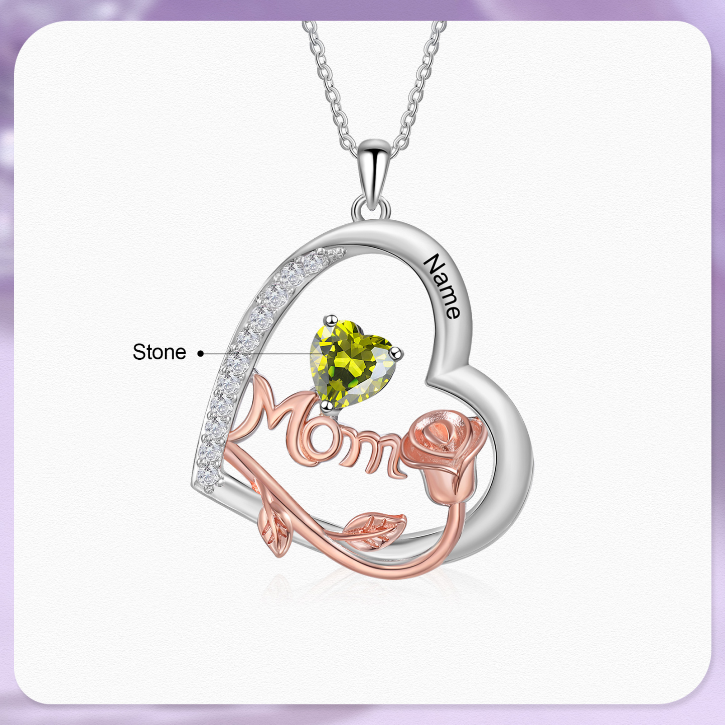 Personalisierter 1 Name Herz Rose Gravur "MOM" Halskette mit 1 Geburtsstein