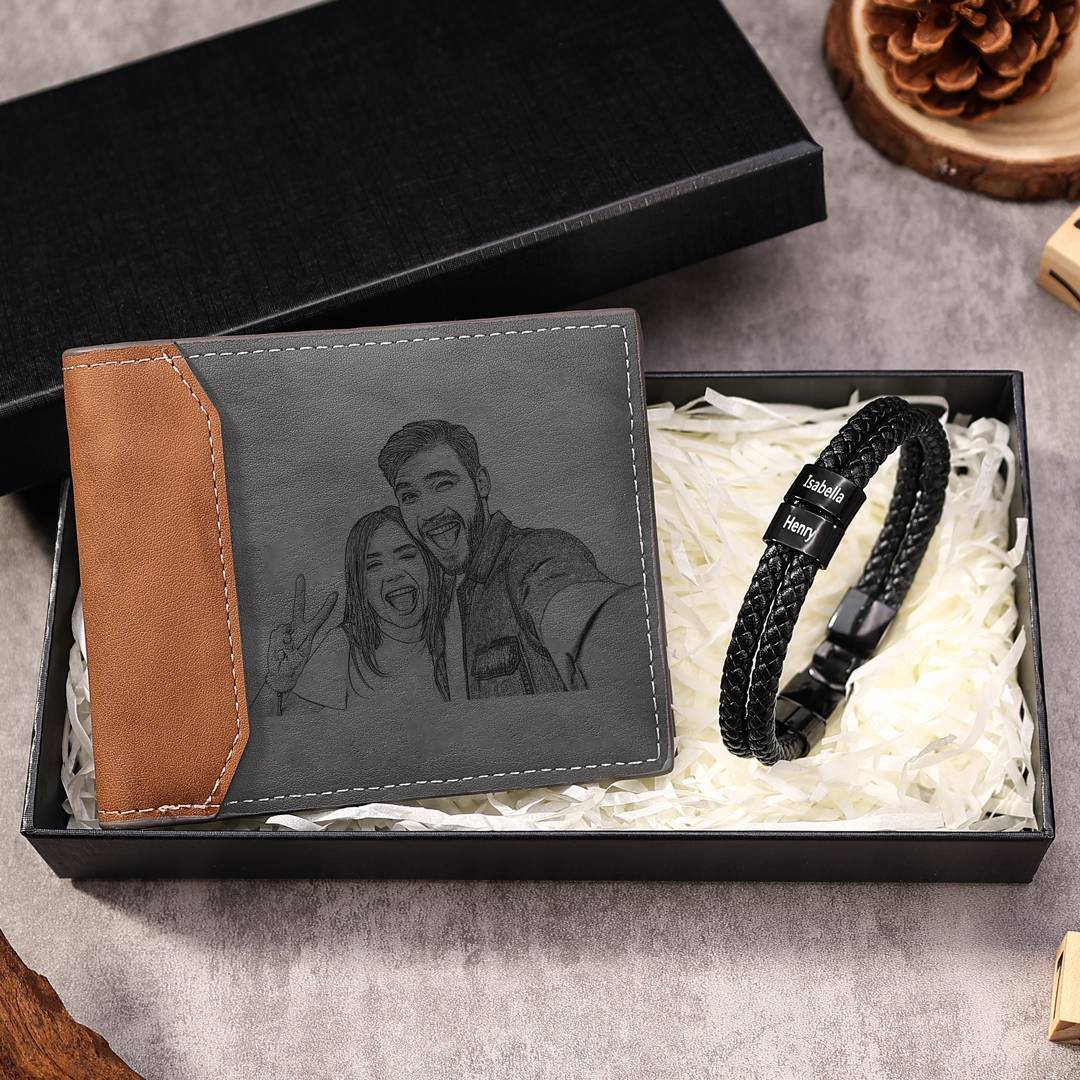 Personalisiertes Foto & Name & Buchstabe Geldbörse & 2 Namen Schwarz Armband Geschenkpackung Geschenkbox Set