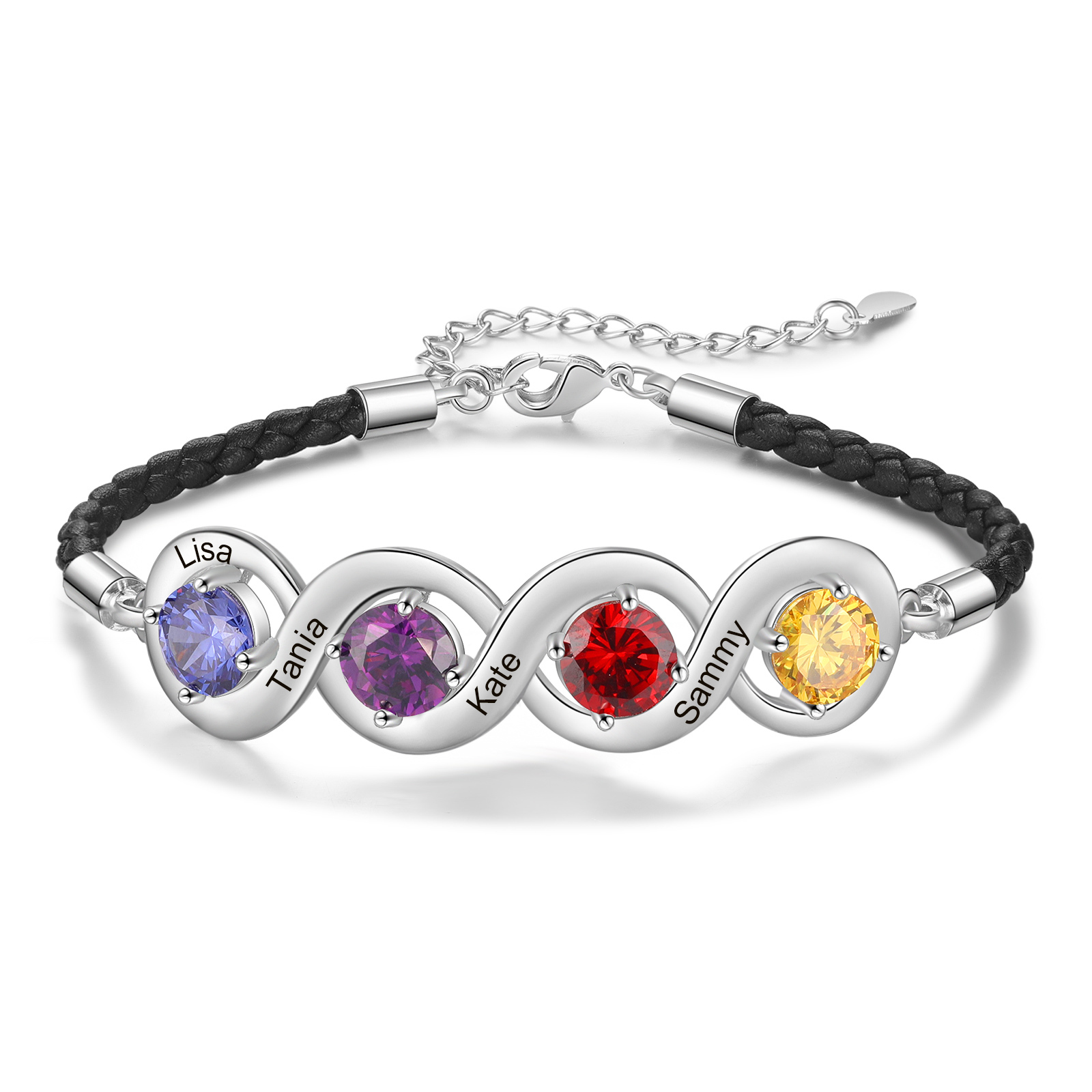 Personalisierte 4 Namen & 4 Geburtssteine Infinity Handseil Armband