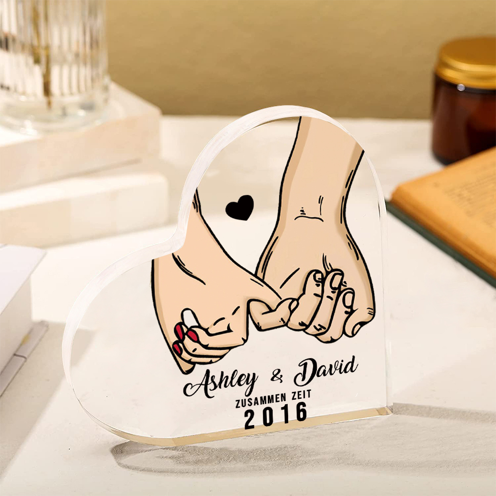 Personalisierte Text & Jahr Acryl-Deko Hand in Hand Schreibtischdekoration für Paar