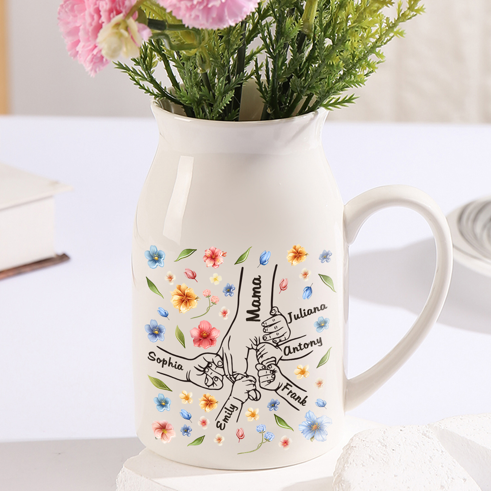 Personalisierte 6 Namen Bunte Blumen Hand in Hand Familie Vase