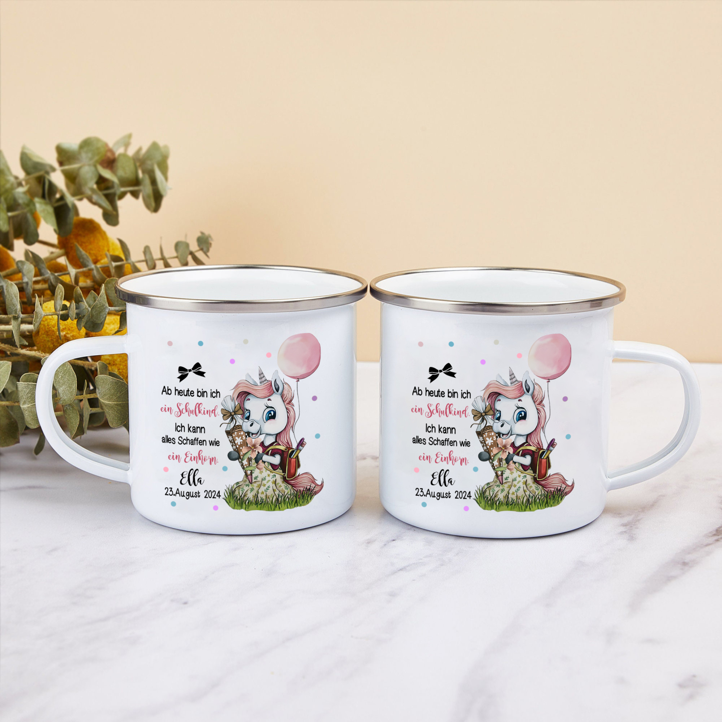 Schulanfang Geschenkset-Personalisierter Name & Datum Einhorn Emaille Tasse & Personalisierter Name Stifteetui & 3 Gummiband Armbänder Set - Geschenk für Schulkind mit Geschenk Box