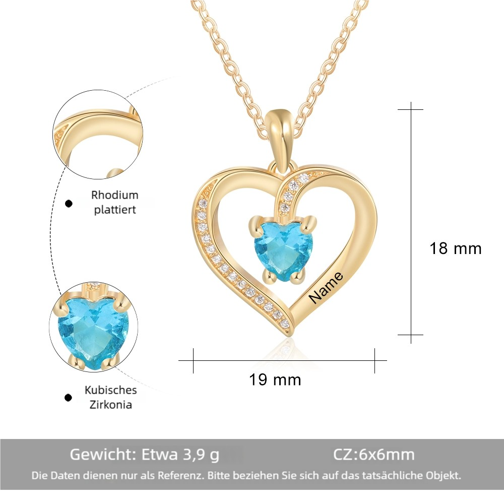 Personalisierte Herz Halskette mit 1 Name und 1 Geburtsstein