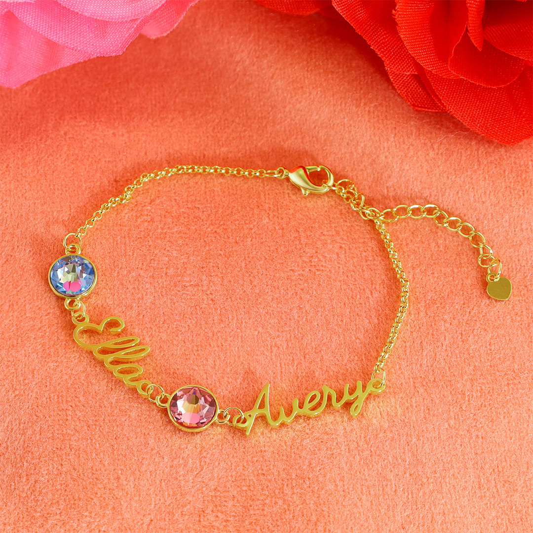 Personalisierte 2 Namen Armband mit 2 Geburtssteinen