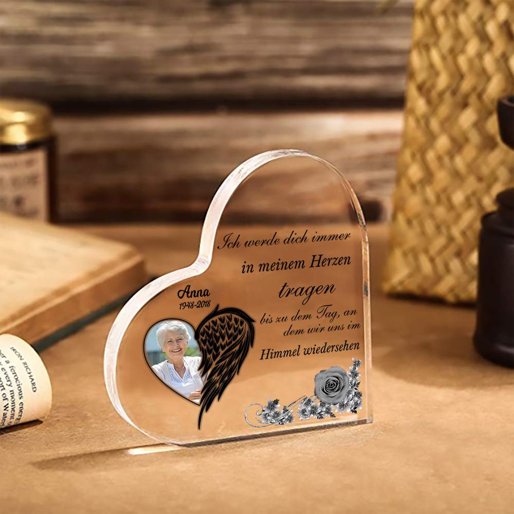 Personalisiertes Foto & Name & Jahr Acryl-Deko-Ich werde dich immer in meinem Herzen tragen-Trauer Schreibtischdekoration