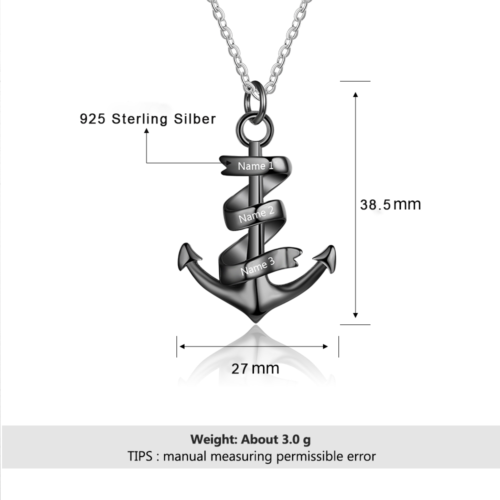 925 Sterling Silber Personalisierte 3 Namen Anker Halskette für Vater -Geschenk mit Nachrichtenkarte