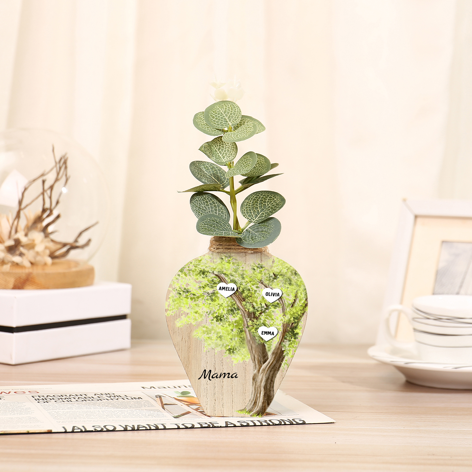 Holz Personalisierter 3 Namen & Text Grün Familienbaum Famile Vase