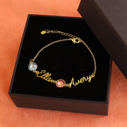 Personalisierte 2 Namen Armband mit 2 Geburtssteinen