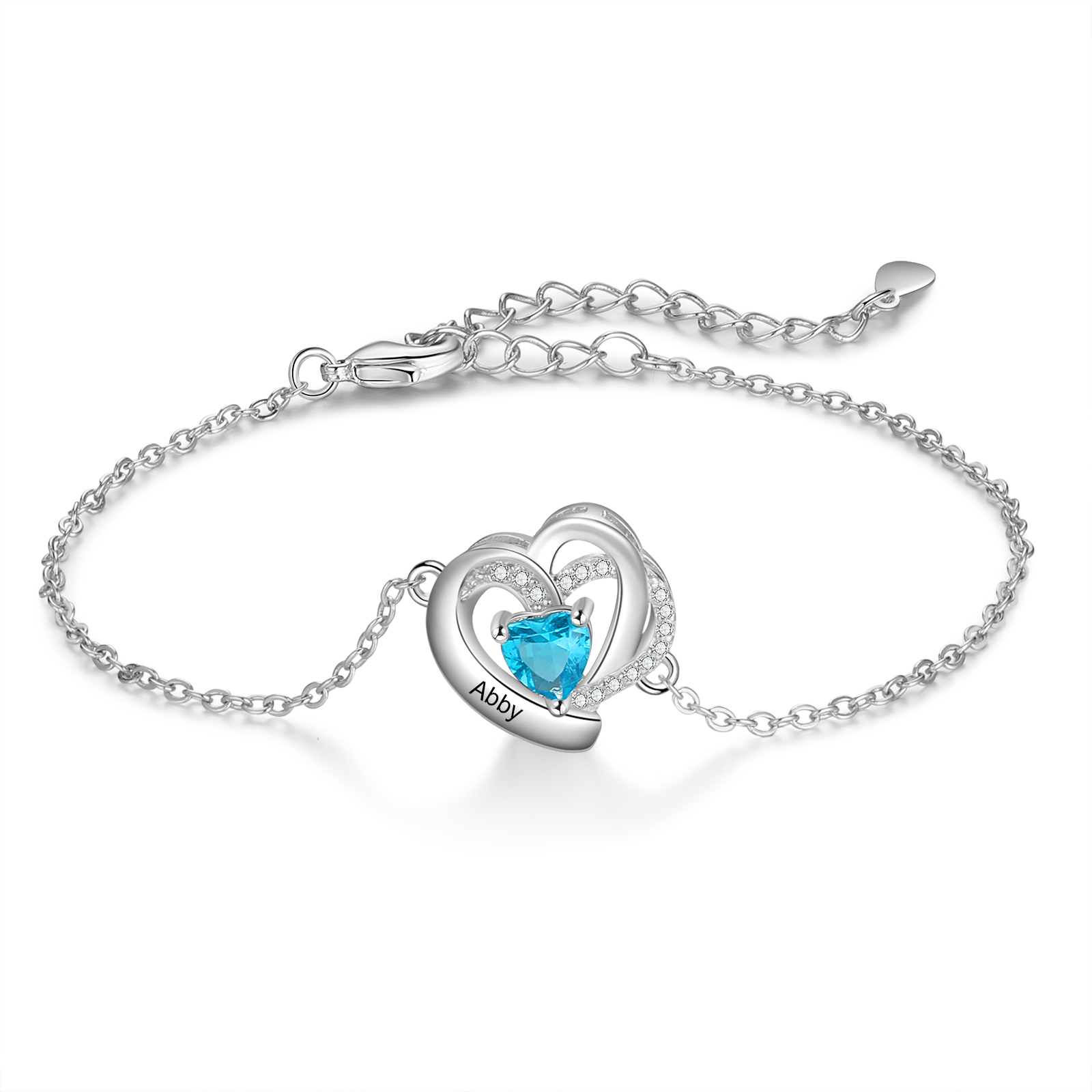Personalisierter 1 Name & 1 Geburtsstein Herz und Herz Armband mit Zirkonia