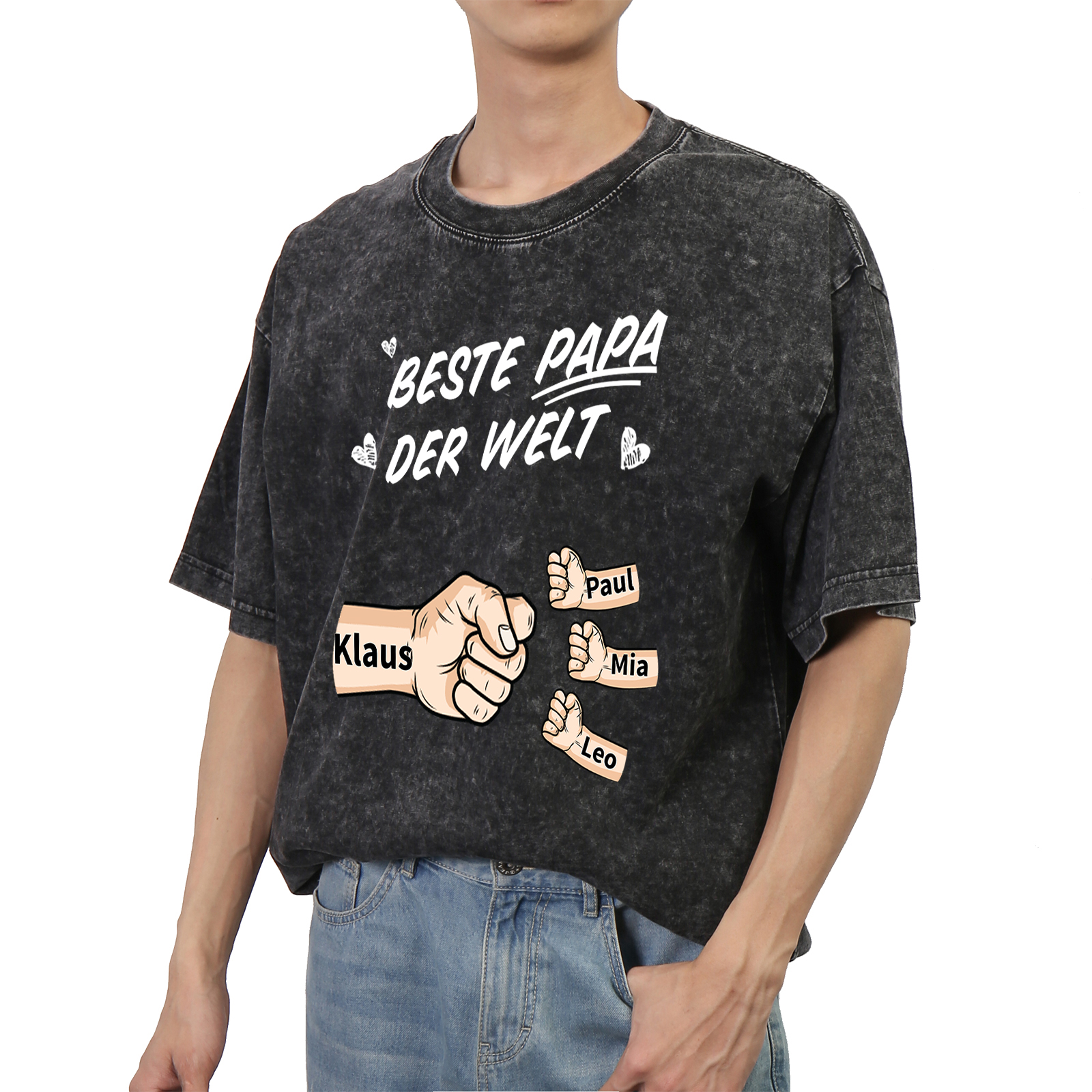 Personalisierte 1-6 Namen Fauststoß Bester Papa der Welt Herren Familie T-Shirt 
