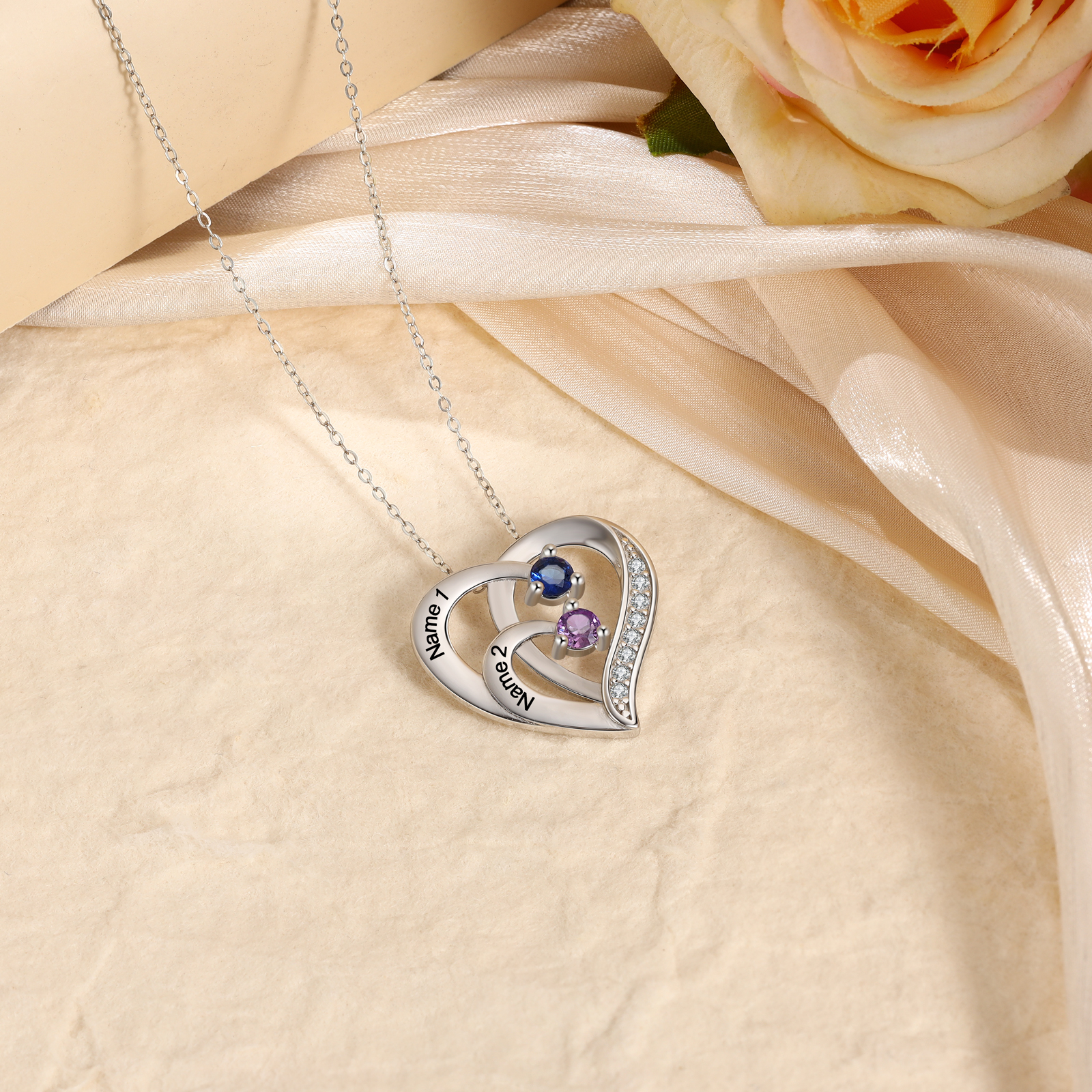 925 Sterling Silber Personalisierte 2 Namen Herz Halskette mit 2 Geburtssteinen