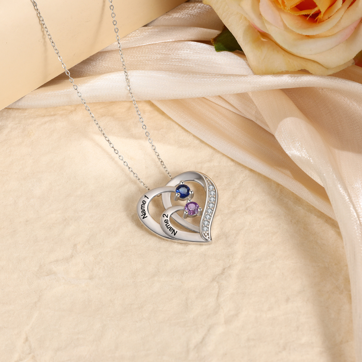 925 Sterling Silber Personalisierte 2 Namen Herz Halskette mit 2 Geburtssteinen