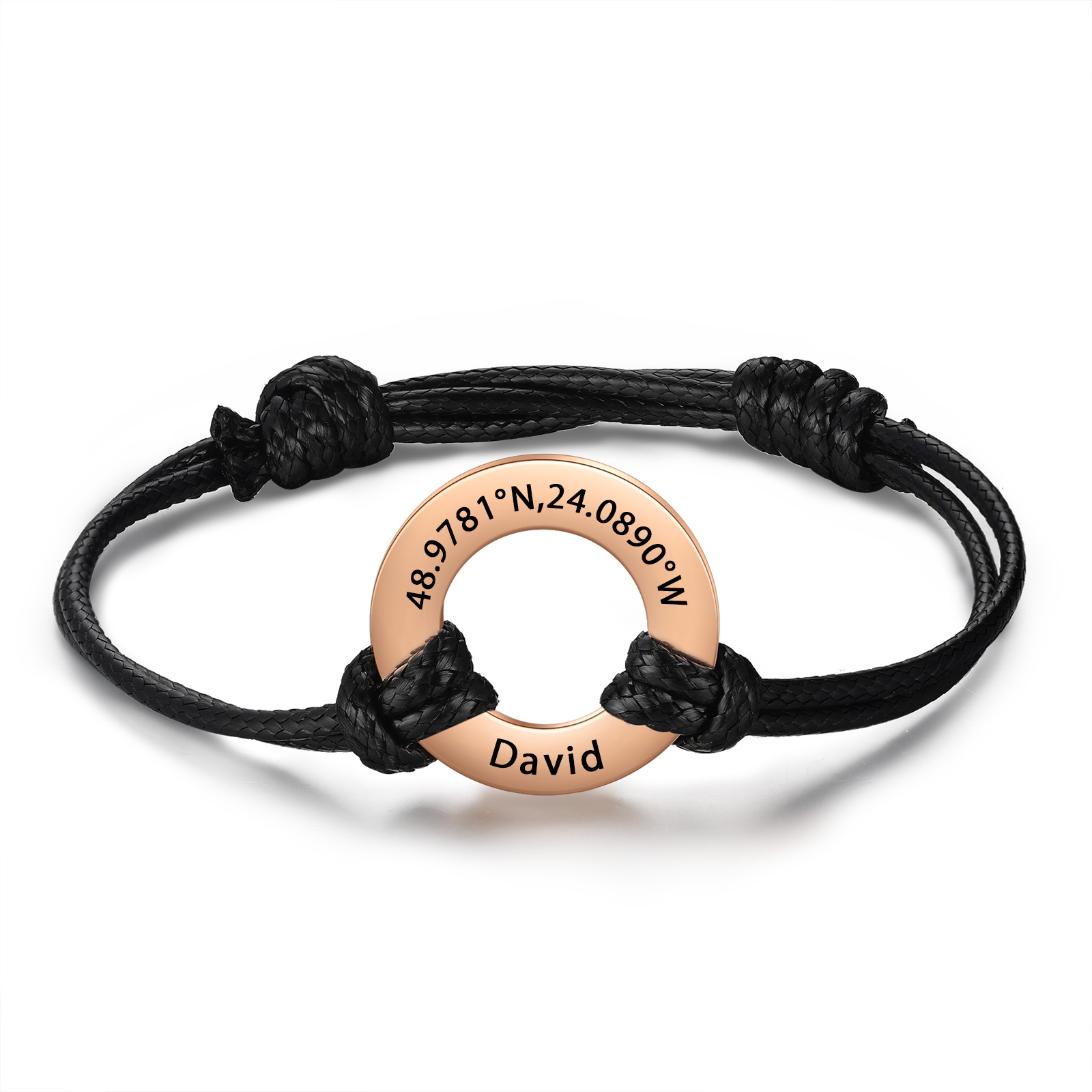 Personalisierte 4 Namen & Text Edelstahl Schwarz Handseil Rund Armband