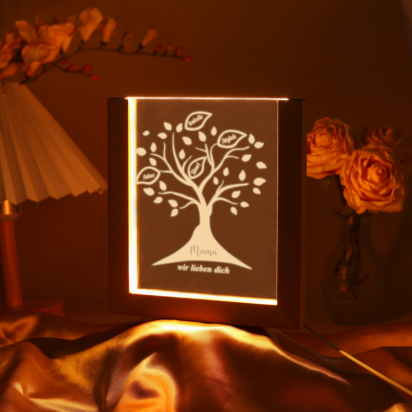 Personalisierte 4 Namen & Text Familienbaum Acryl Rahmen Nachtlicht Geschenk für Großmutter/Mutter zum Muttertag