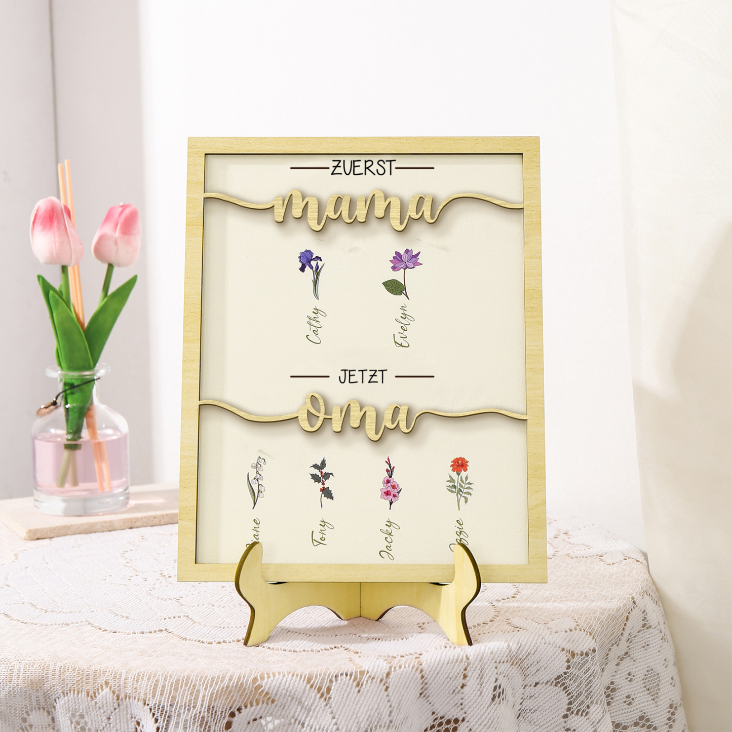 Holz Deko-Personalisierbare 6 Namen & Geburtsblume Ornament Zuerst Mama Jetzt Oma Holzdekoration für Mutter/Großmutter