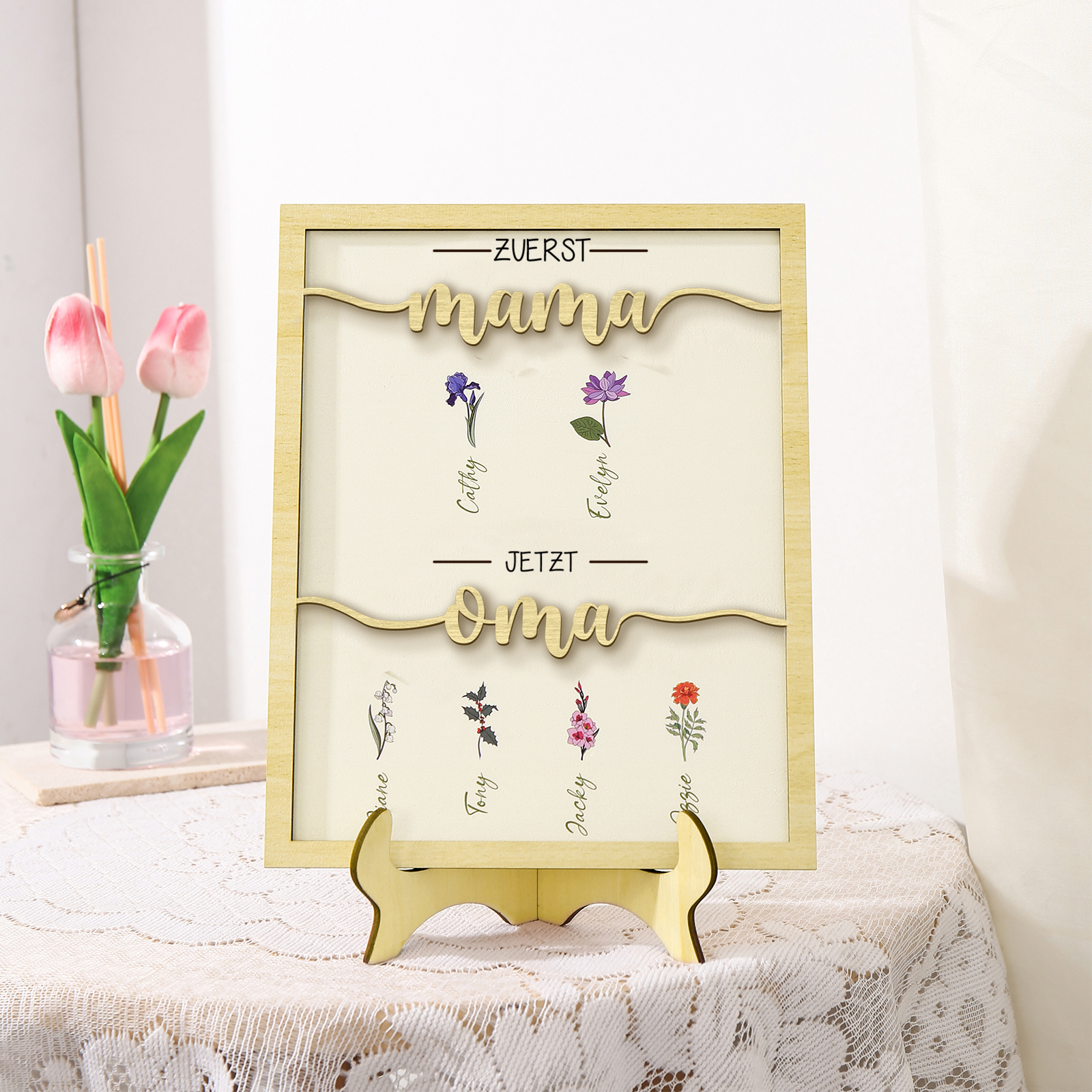 Holz Deko-Personalisierbare 6 Namen & Geburtsblume Ornament Zuerst Mama Jetzt Oma Holzdekoration für Mutter/Großmutter