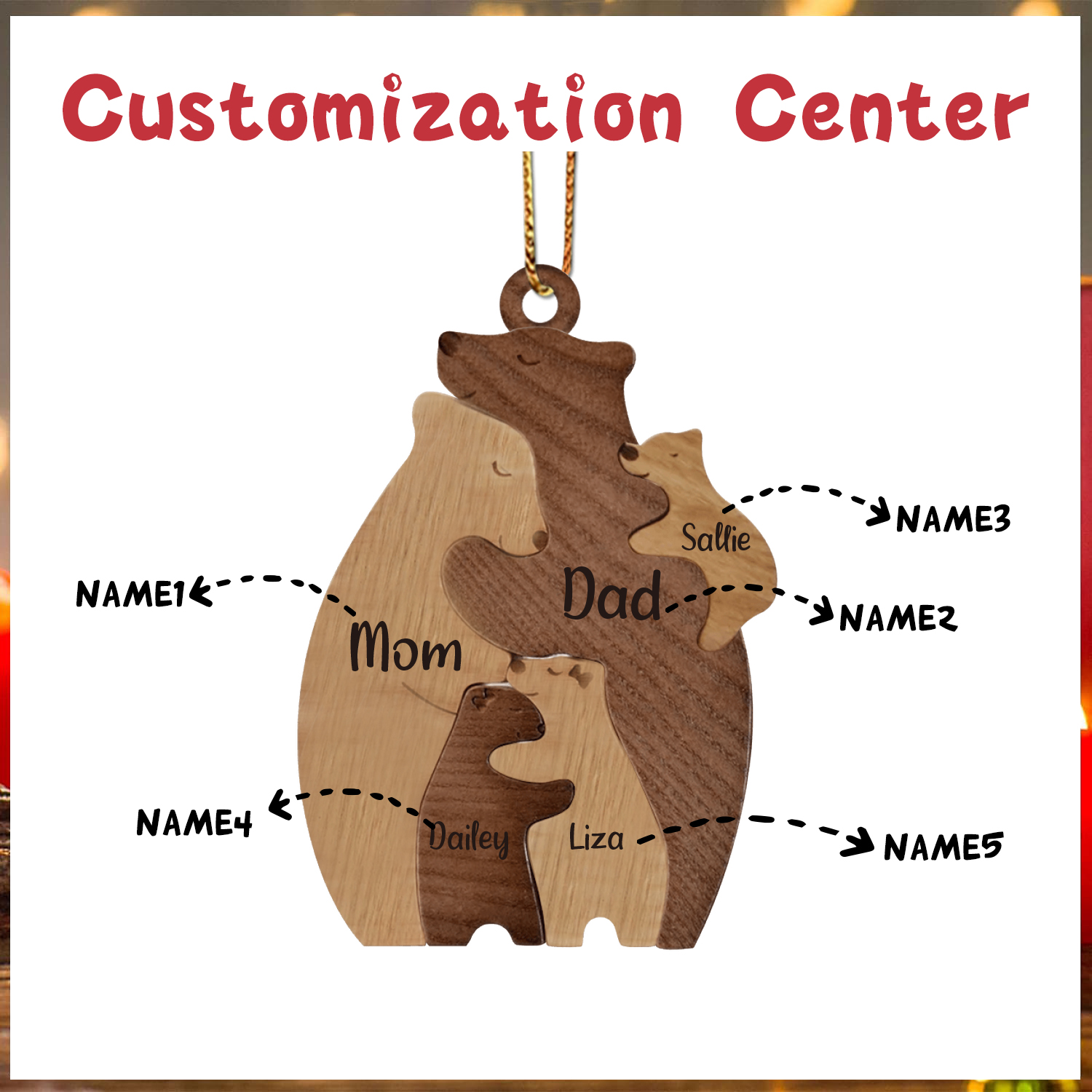 Holz Personalisierte 5 Namen Braunbär Weihnachtsornament mit 5 Familienmitgliedern