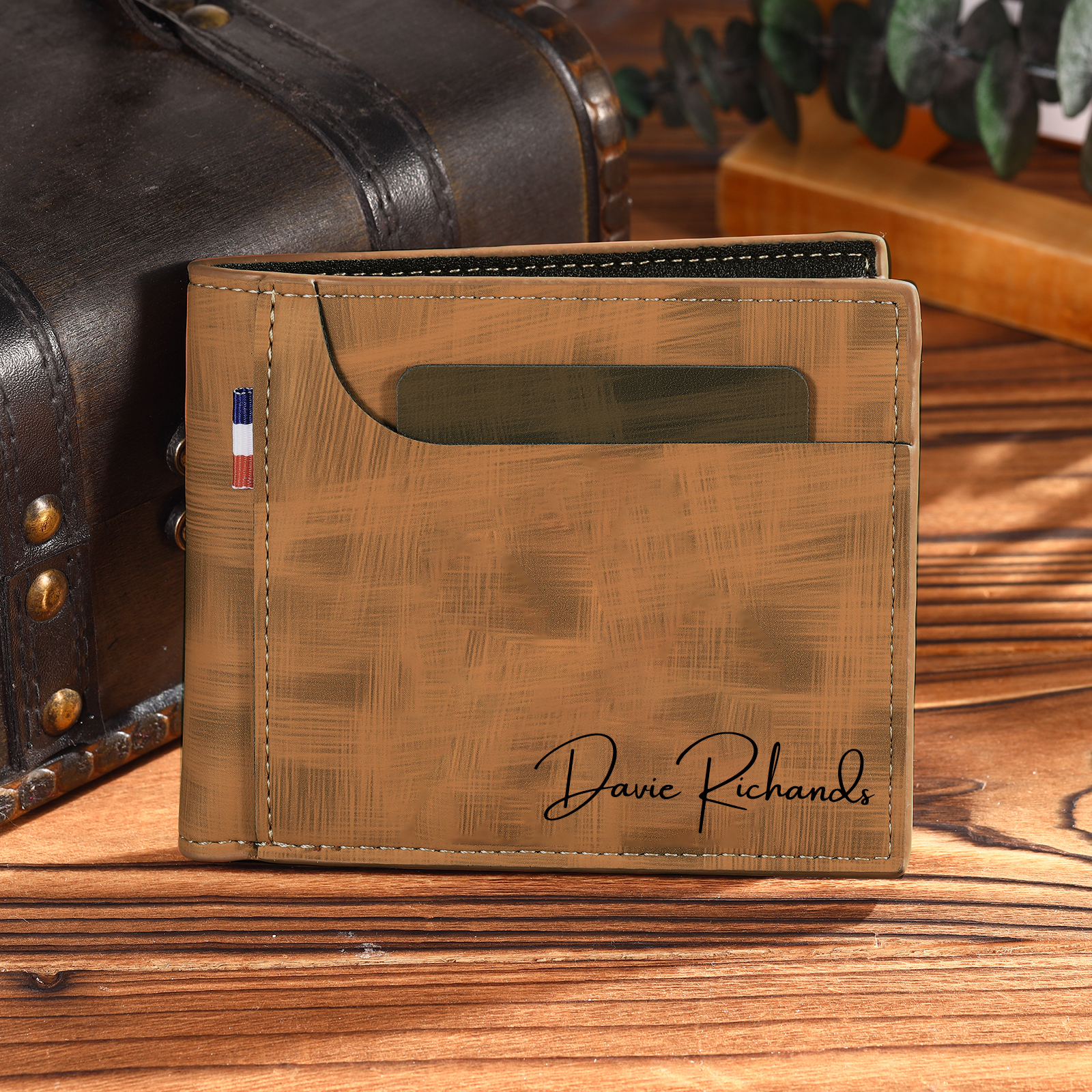 Personalisierte Foto & Text Geldbörse & Foto & 2 Texte Leder Schlüsselanhänger & Foto Armband Geschenkpackung Geschenkset für Mann Freund