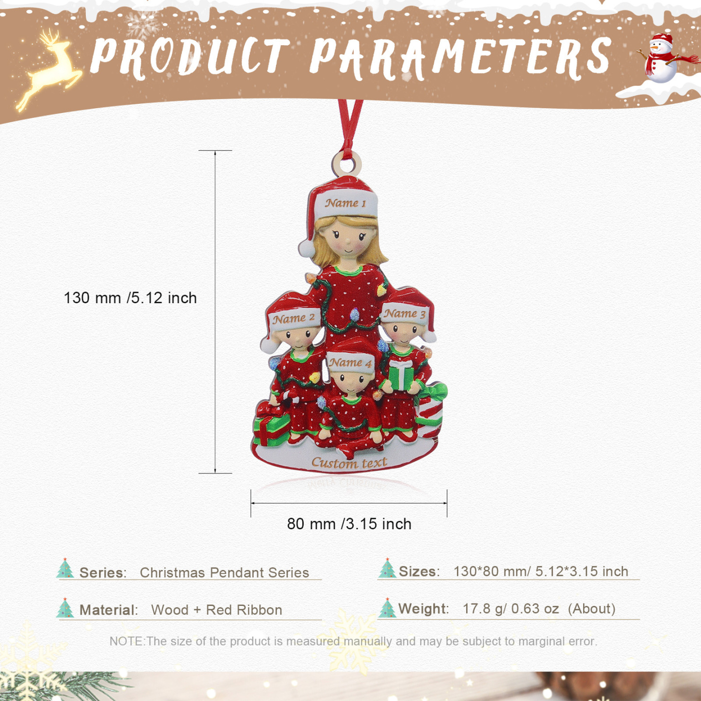 Holz Weihnachtsornament-Personalisierte 4 Namen Text Weinhachten Mutter & Kind-Kostüm Ornament