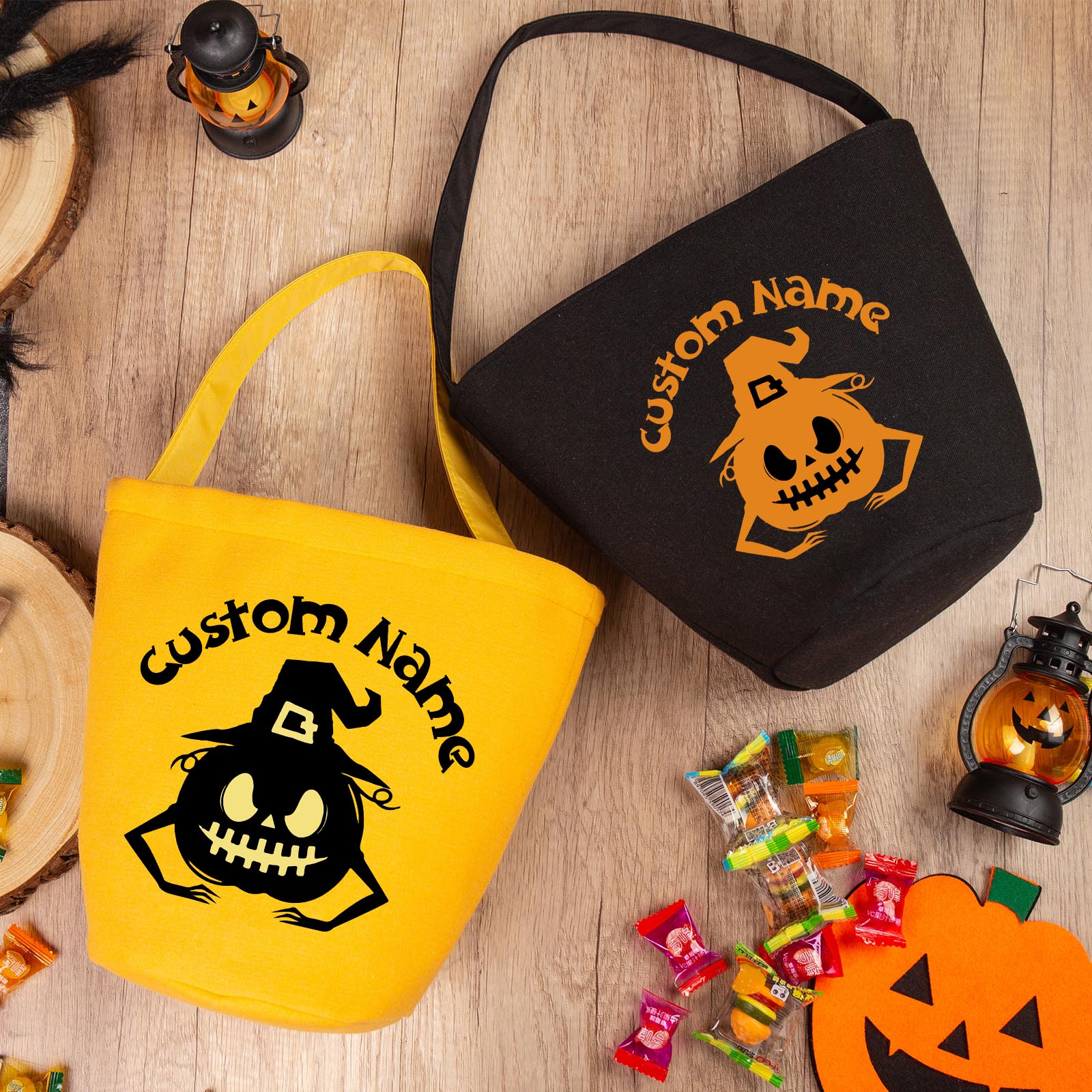 Personalisierter Name Kürbis Halloween Leinen Tasche Süßes Oder Saures Süßigkeiten Tasche
