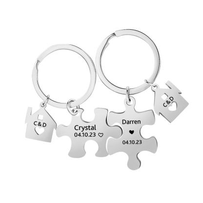 Personalisierte 2 Namen & 2 Buchstaben & 2 Datum Puzzle Metall Schlüsselanhänger