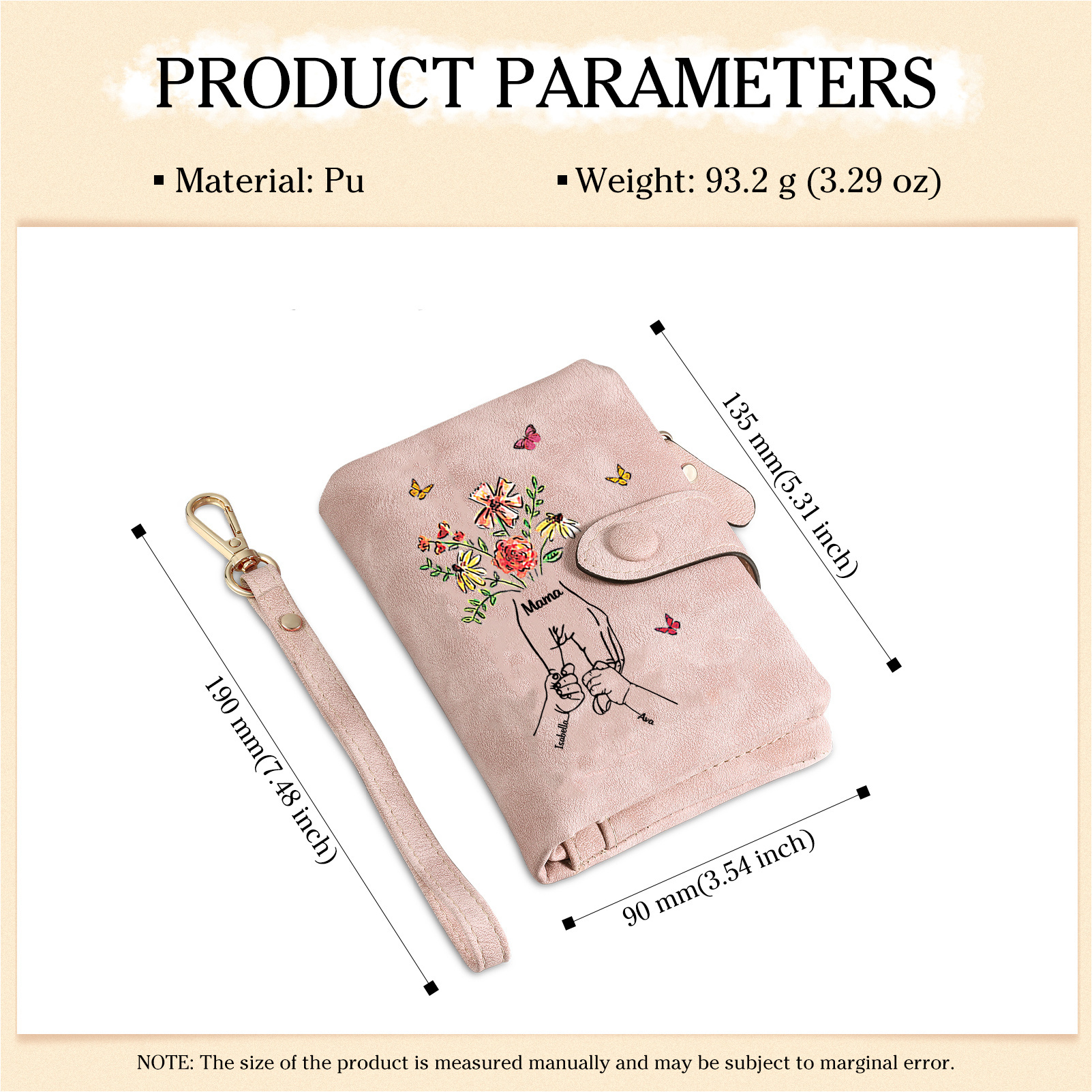 Personalisierte PU-Leder-Geldbörse mit Blumen und Hand-in-Hand-Motiv sowie 2–6 Namen – liebevolles Geschenk für Mama