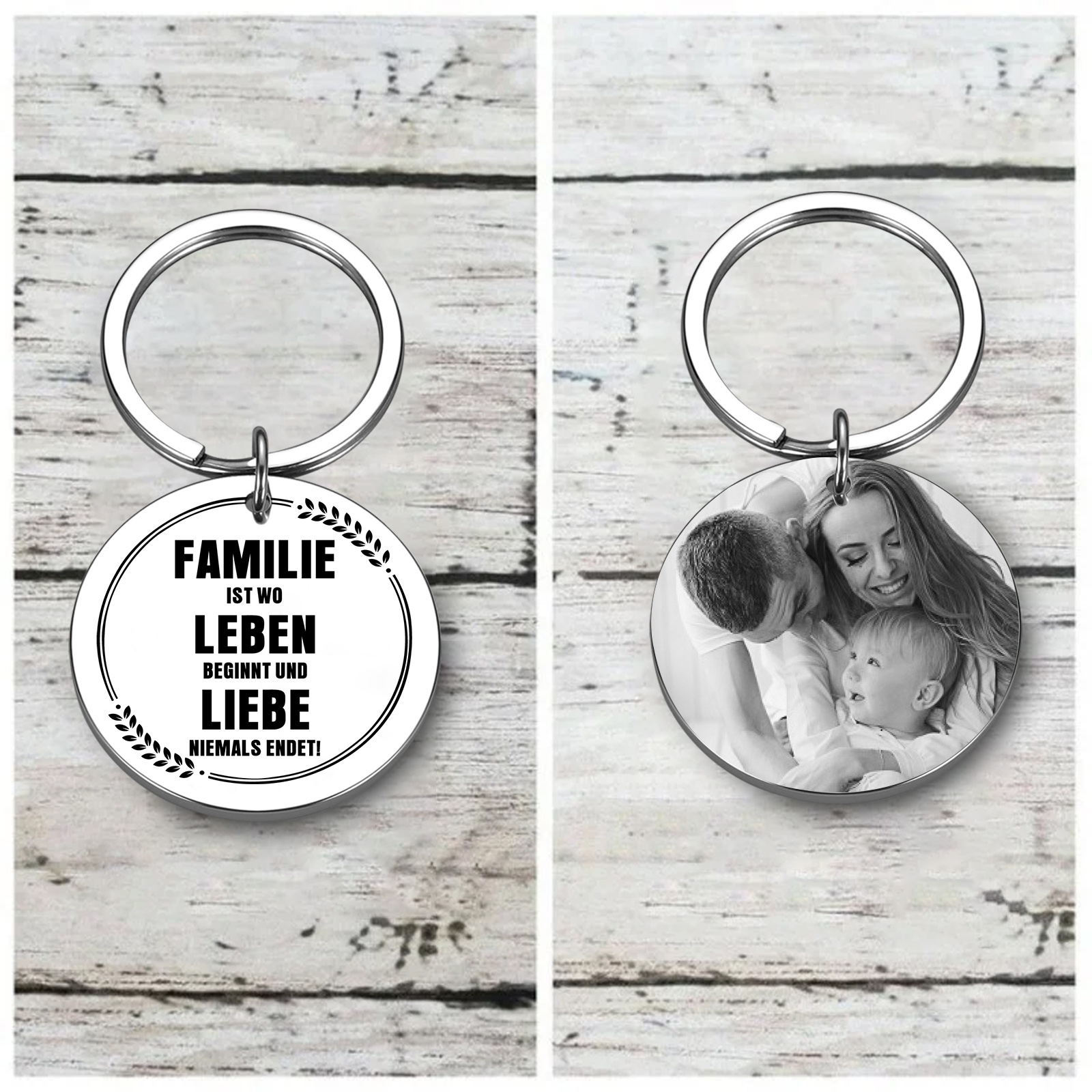 Personalisierbares Foto Rund Metall-Familie is wo Leben beginnt und Liebe niemals endet-Schlüsselanhänger für Familie