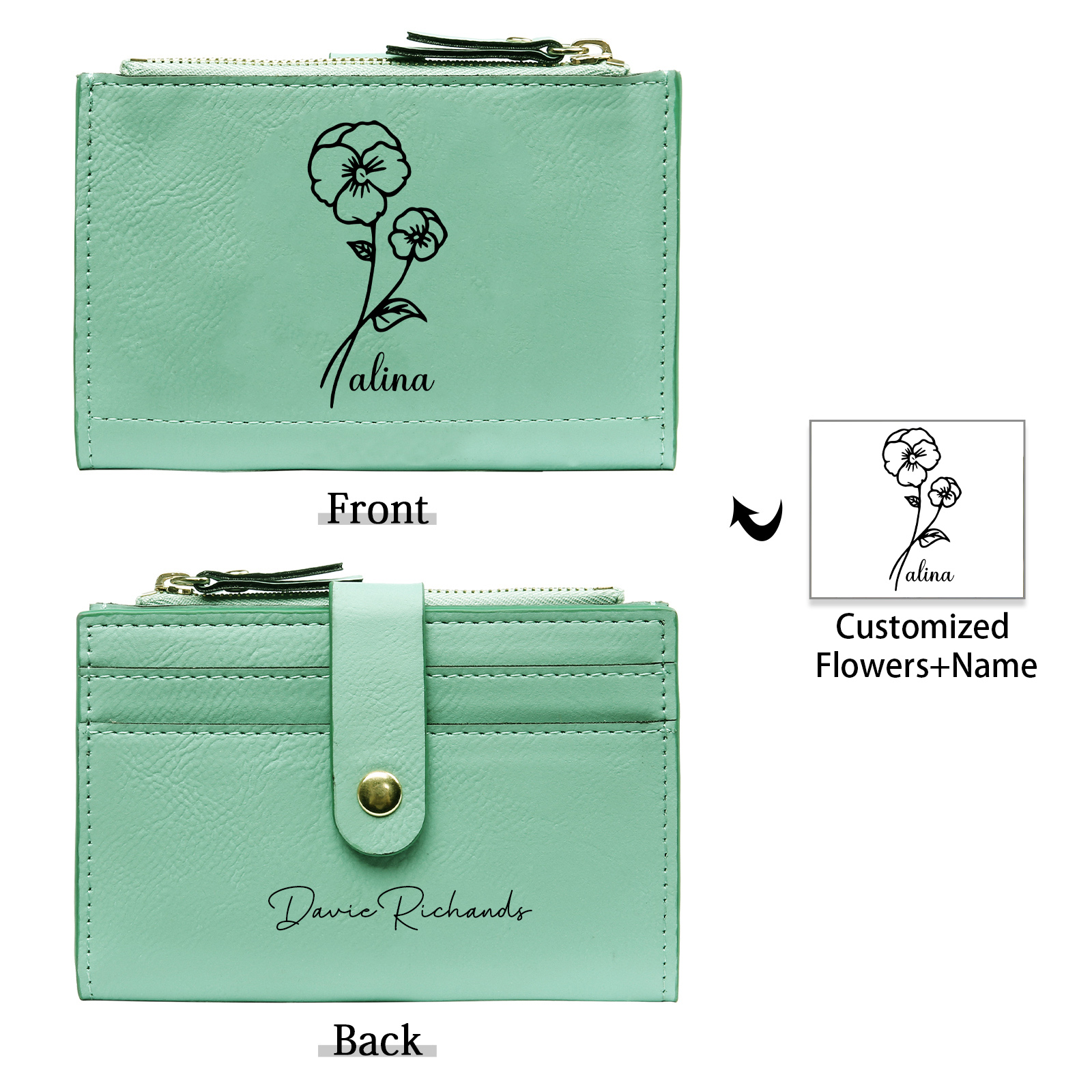 Damen Personalisierter Text & Name & Geburtsblume PU Leder Geldbörse