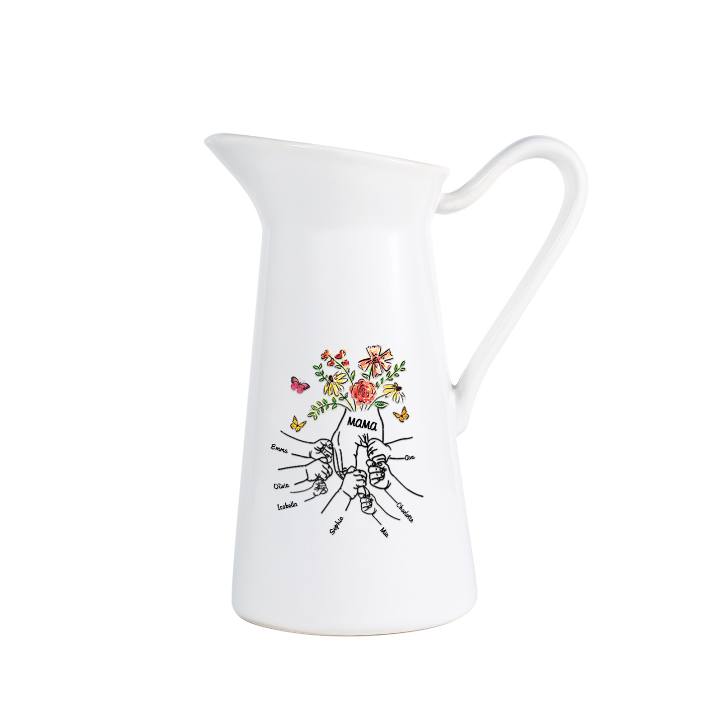 Personalisierte 8 Namen & Text Blumen Hand Gießvase mit Henkel Familie Vase
