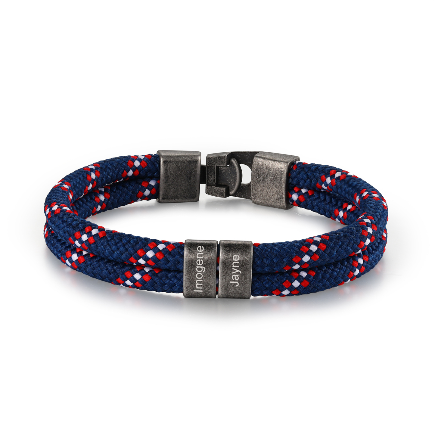 Herren Schmuck-Personalisierte 2 Namen Vintage Edelstahl Perlen Armband mit Dunkelblau Nylon Kette