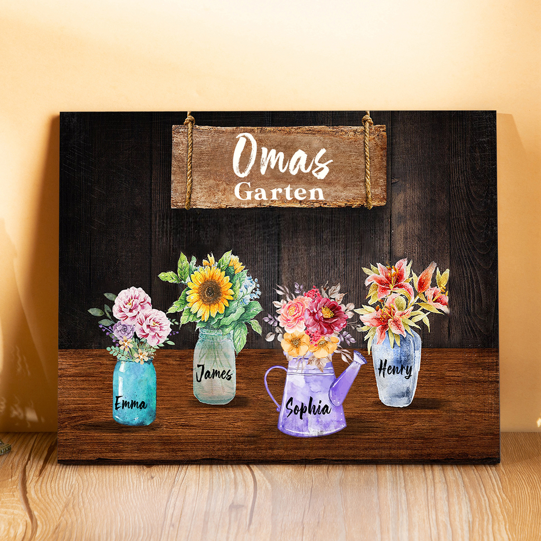 Familie Holzbild - Personalisierter Text & 4 Namen Vase Holzdekoration-Geschenk für Opa/Oma