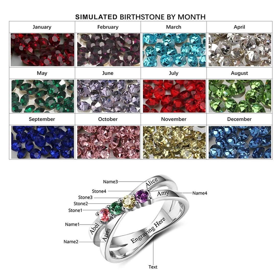 925 Sterling Silber Personalisierter Kreuzring mit 4 Namen und 4 Geburtssteinen