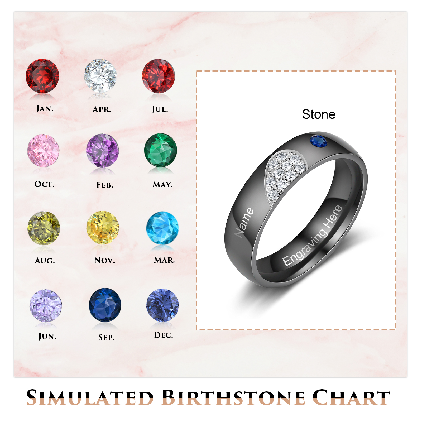 Gravur Name & Text Herz Herren Ring mit 1 Geburtsstein - Paarringe