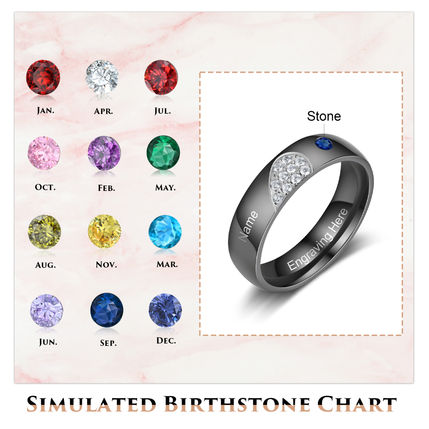 Gravur Name & Text Herz Herren Ring mit 1 Geburtsstein - Paarringe