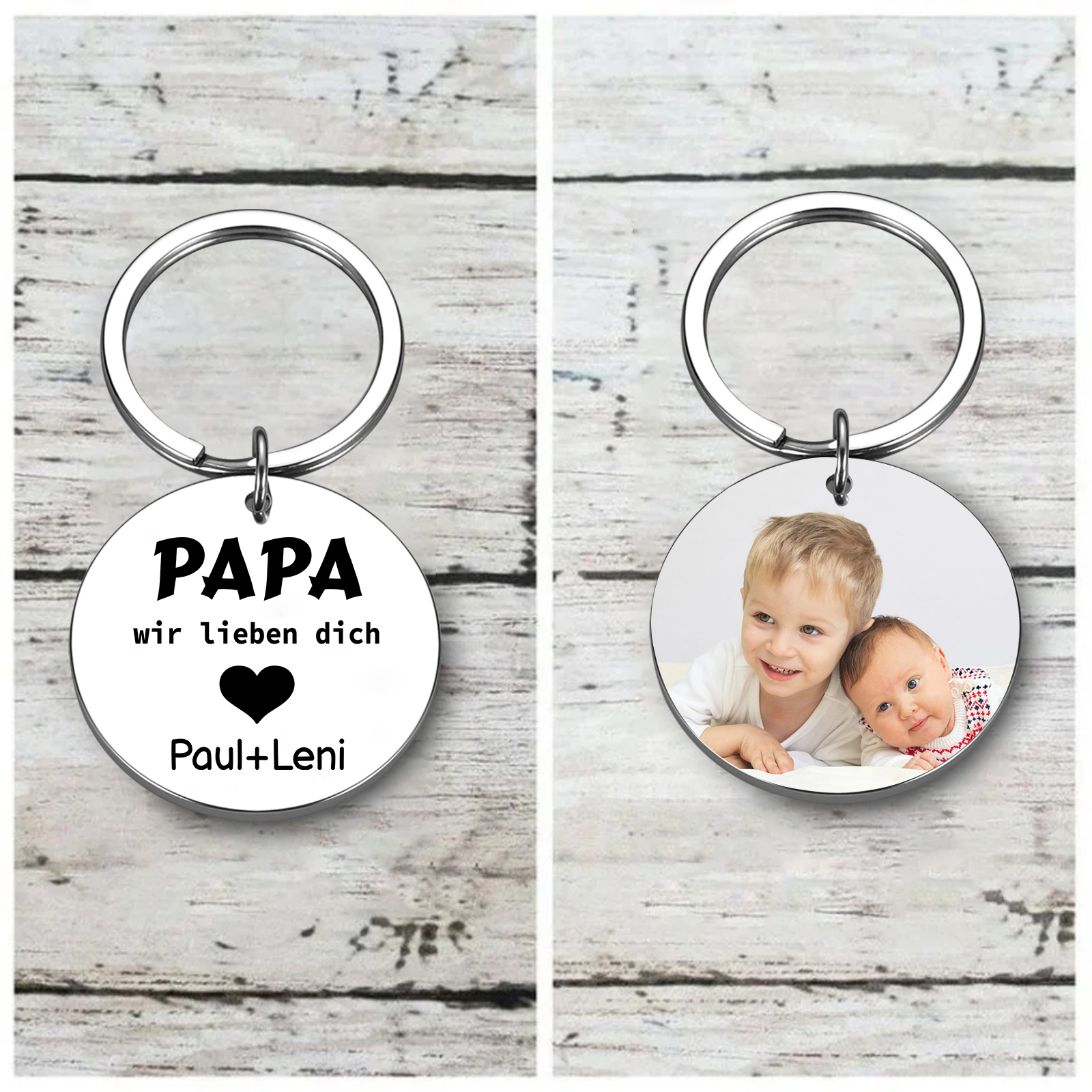 Personalisierbares Foto & Text Rund Metall-Papa, wir lieben dich-Schlüsselanhänger für Vater