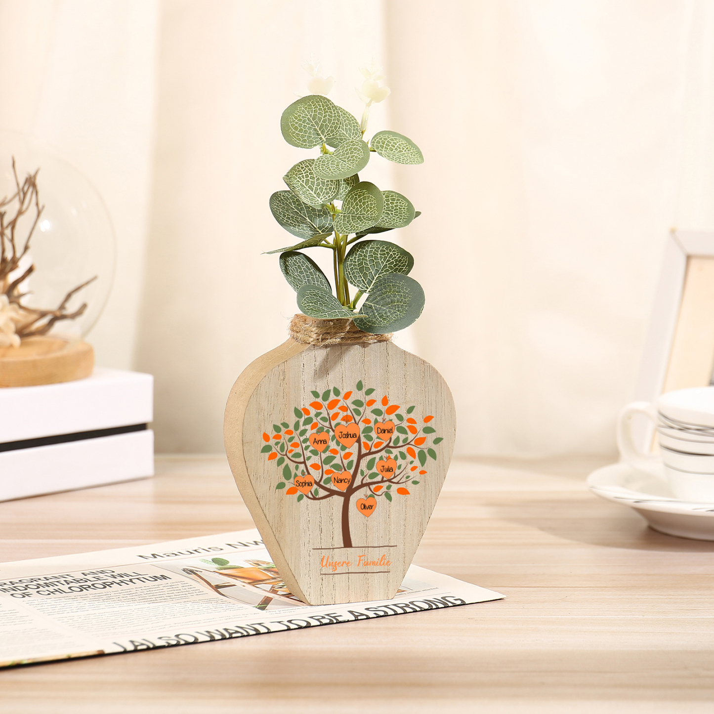 Holz Personalisierte 7 Namen & Text Herz Baum Vase