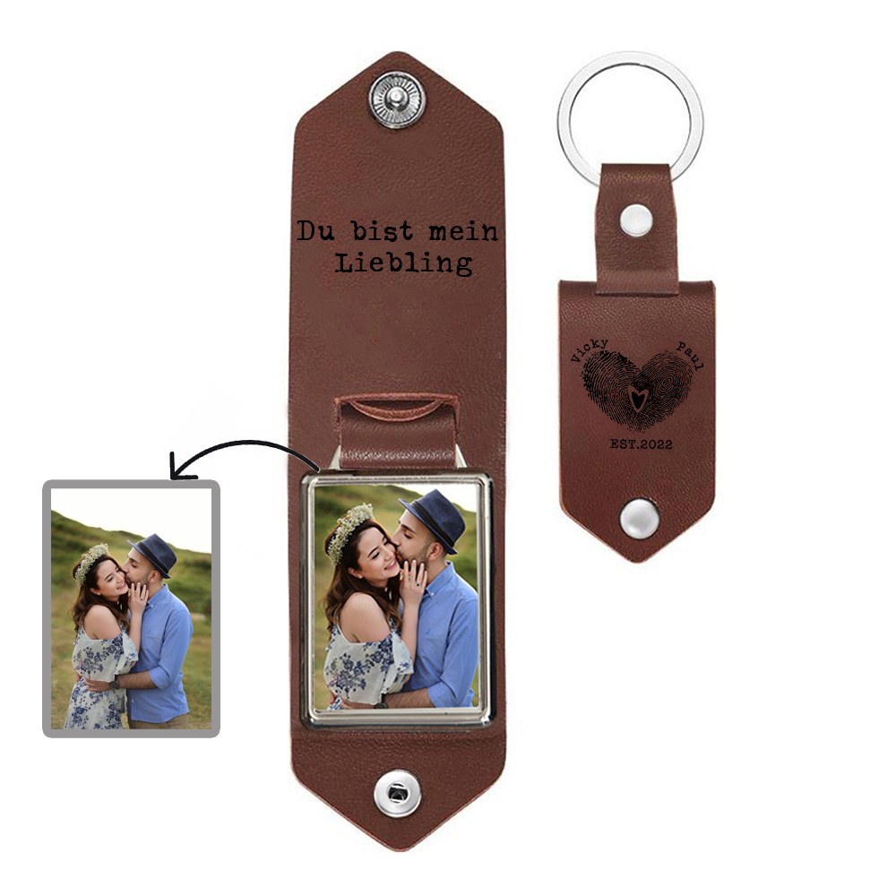 Personalisiertes Foto & Text & 2 Namen & Datum Leder Schlüsselanhänger für Paar