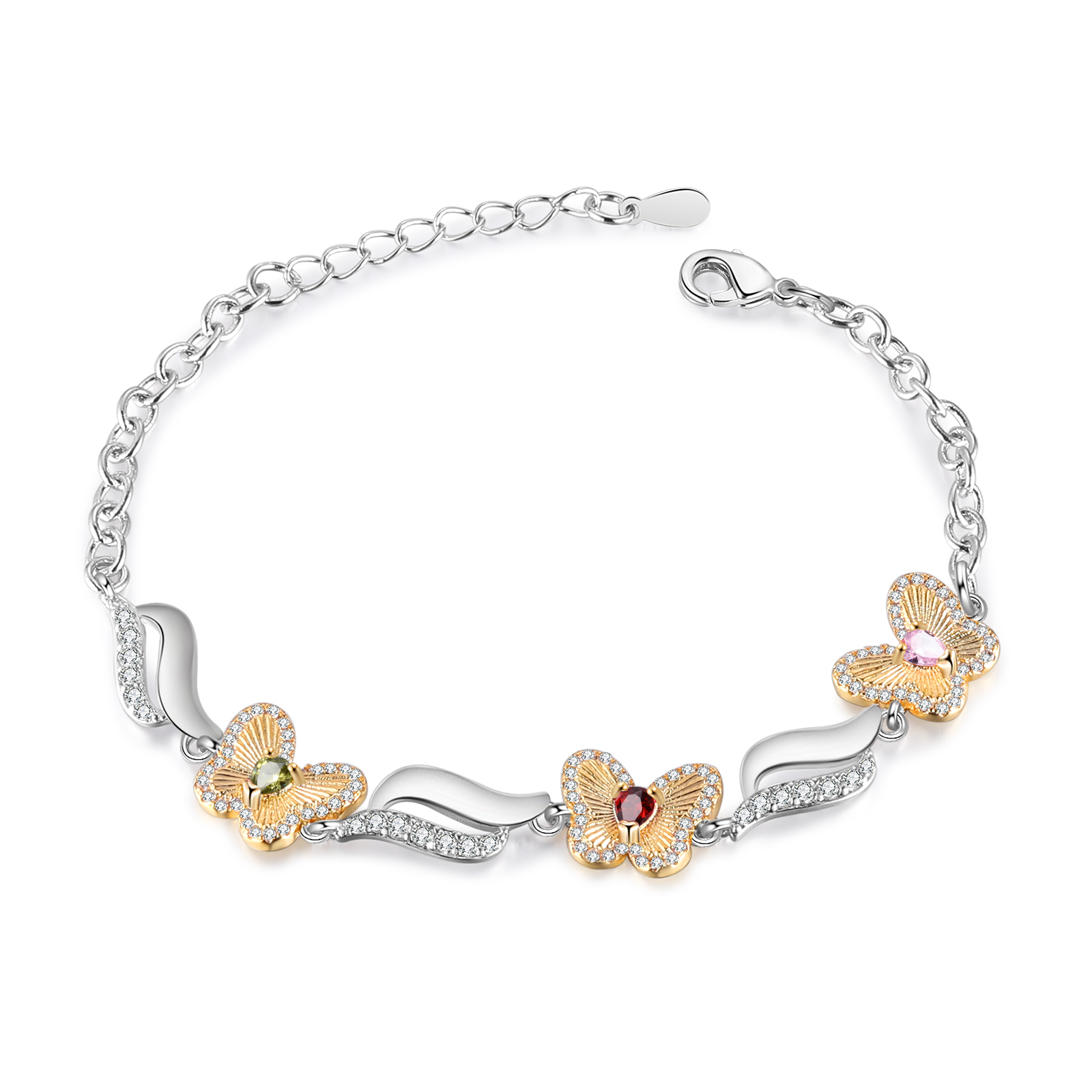 Personalisierte 3 Namen & 3 Geburtssteine Schmetterling Armband mit Zirkonia
