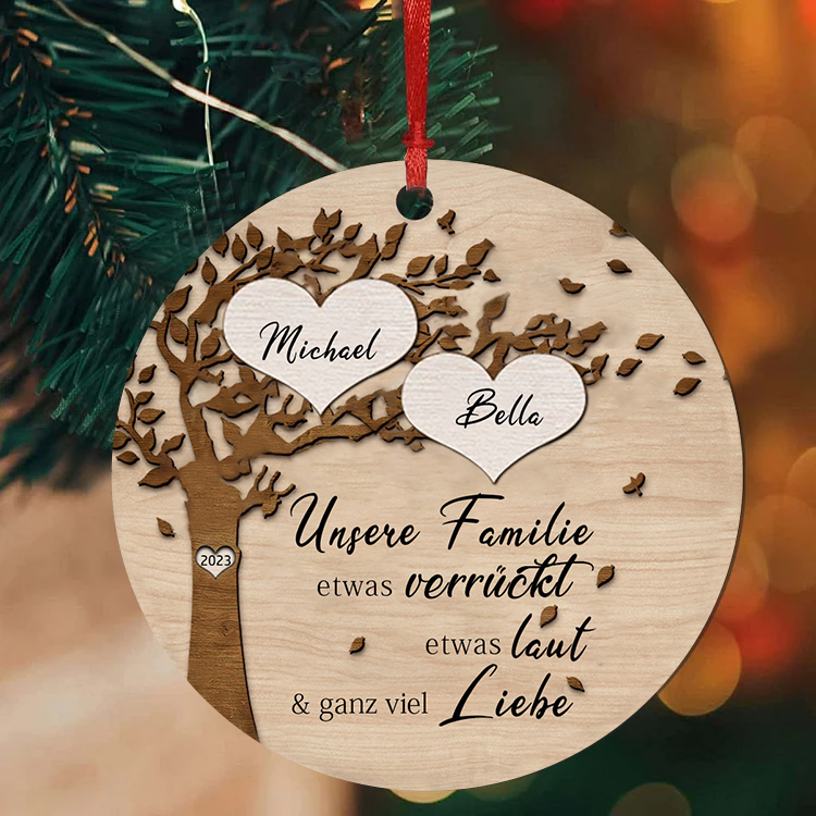 Holz Personalisierte 2 Namen & Jahr Familienstammbaum Weihnachtsornament mit 2 Familienmitgliedern