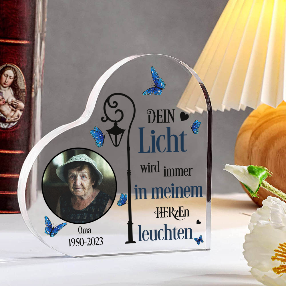 Personalisierter Name & Jahr & Foto Acryl-Deko-Dein Licht wird immer in meinem Herzen leuchten-Trauer Schreibtischdekoration