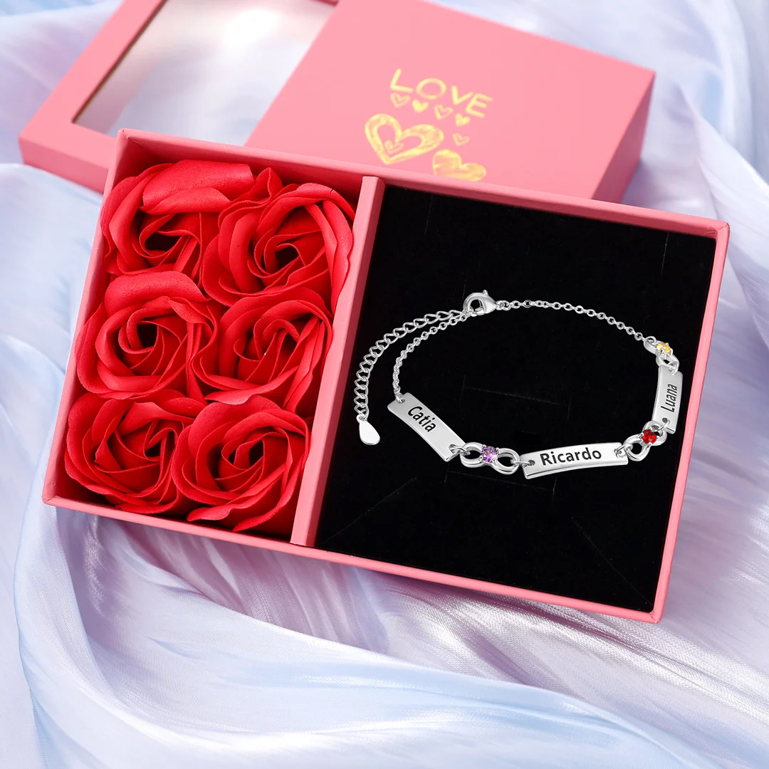 Personalisiertes 3 Namen Infinity Armband mit 3 Geburtssteinen